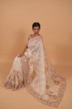 Cream  & beige silk organza saree with tapechi and bakhiya embroidery - Image 4