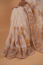 Cream  & beige silk organza saree with tapechi and bakhiya embroidery - Image 5