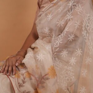 Cream  & beige silk organza saree with tapechi and bakhiya embroidery