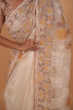 Cream  & beige silk organza saree with tapechi and bakhiya embroidery - Image 2