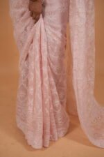 Pink colored check organza saree with tapechi embroidery - Image 5