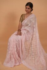 Kota shaded saree in coral and cream color having tapechi embroidery - Image 3
