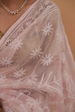 Pink colored check organza saree with tapechi embroidery - Image 2