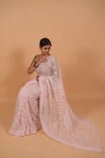 Pink colored check organza saree with tapechi embroidery - Image 3
