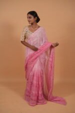 Kota hombre shaded saree in pink with tapechi embroidery