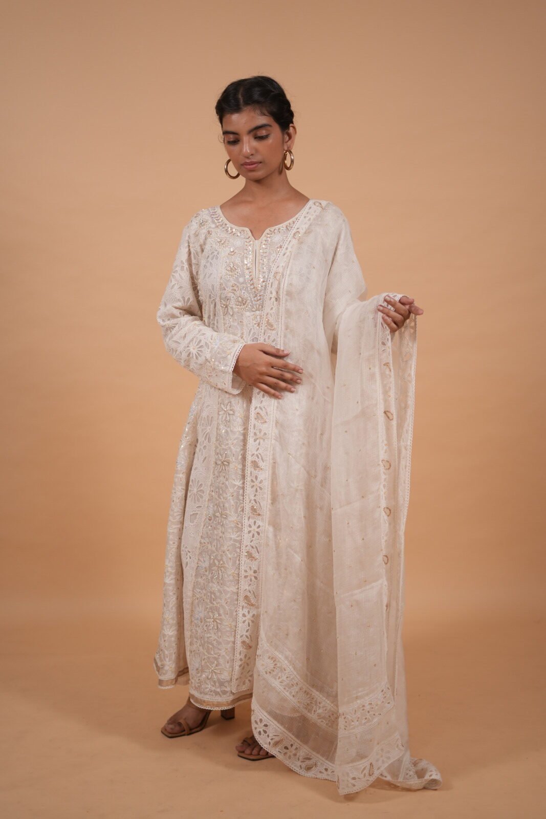 DSC04767 Cream Anarkali with Zardozi and all over chikankari - Image 1