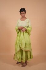 Green color Anarkali Set in Kota Fabric with Mukaish and taechi embroidery