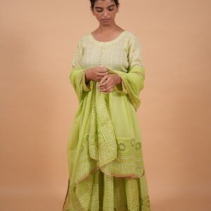 Green color Anarkali Set in Kota Fabric with Mukaish and taechi embroidery