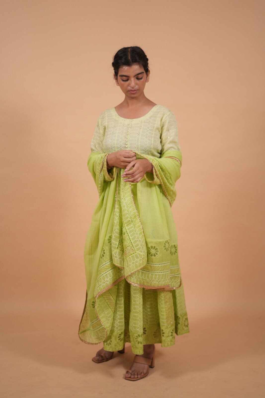 DSC04794 Green color Anarkali Set in Kota Fabric with Mukaish and taechi embroidery - Image 1