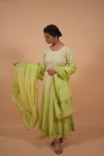 Green color Anarkali Set in Kota Fabric with Mukaish and taechi embroidery - Image 2