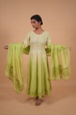 Green color Anarkali Set in Kota Fabric with Mukaish and taechi embroidery - Image 4