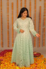 Light Blue cutwork Anarkali in cotton Voil - Image 4