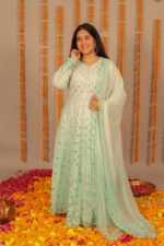 Light Blue cutwork Anarkali in cotton Voil