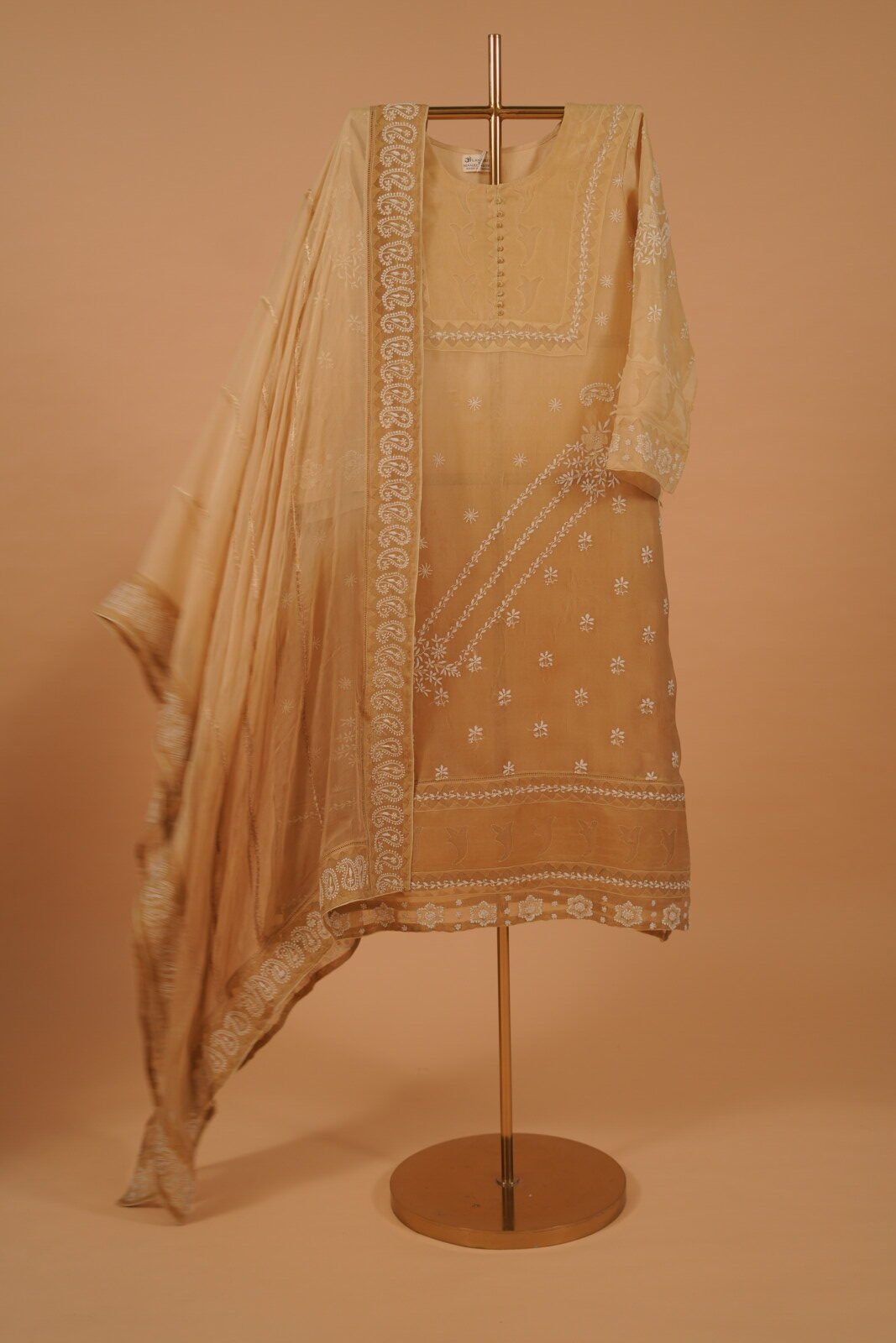 Cover Pic Shaded Mehndi color salwar set with handmade embroidery and jaali work - Image 1