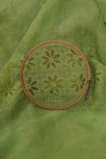 Parrot green Kota Doria embroidered saree with pintucks border & blose attached