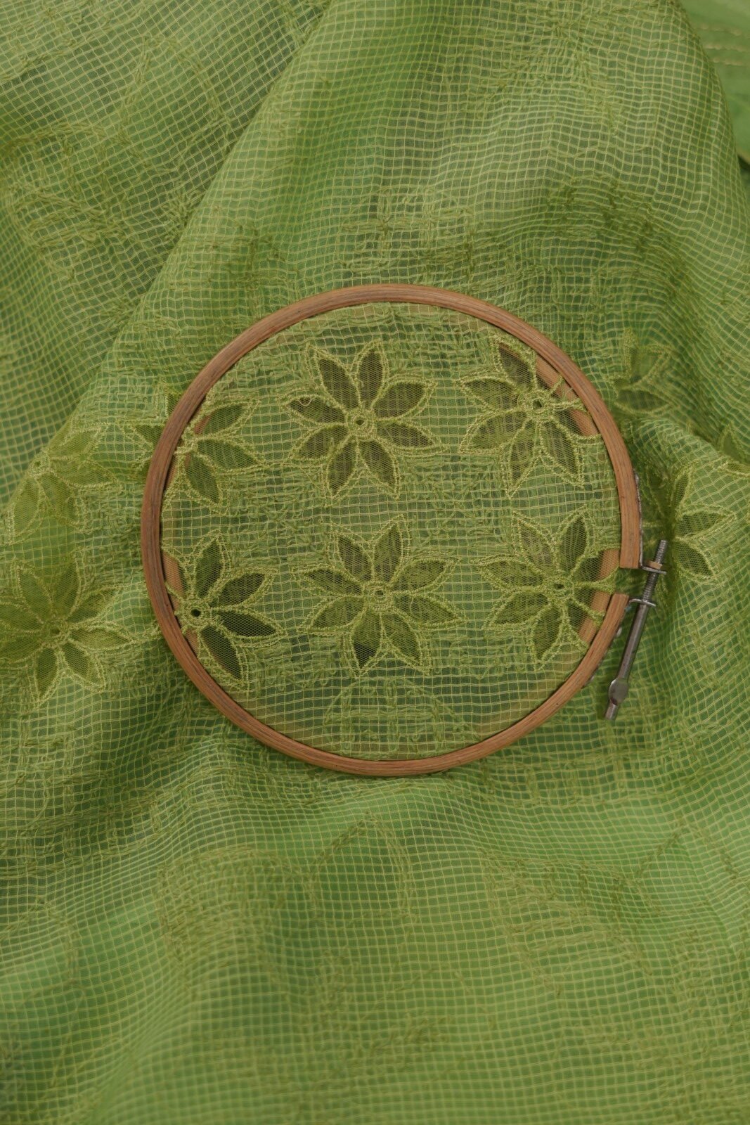 Cover Pic Parrot green Kota Doria embroidered saree with pintucks border & blose attached - Image 1