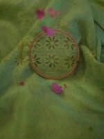 Parrot green Kota Doria embroidered saree with pintucks border & blose attached - Image 4