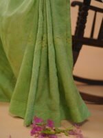 Parrot green Kota Doria embroidered saree with pintucks border & blose attached - Image 5
