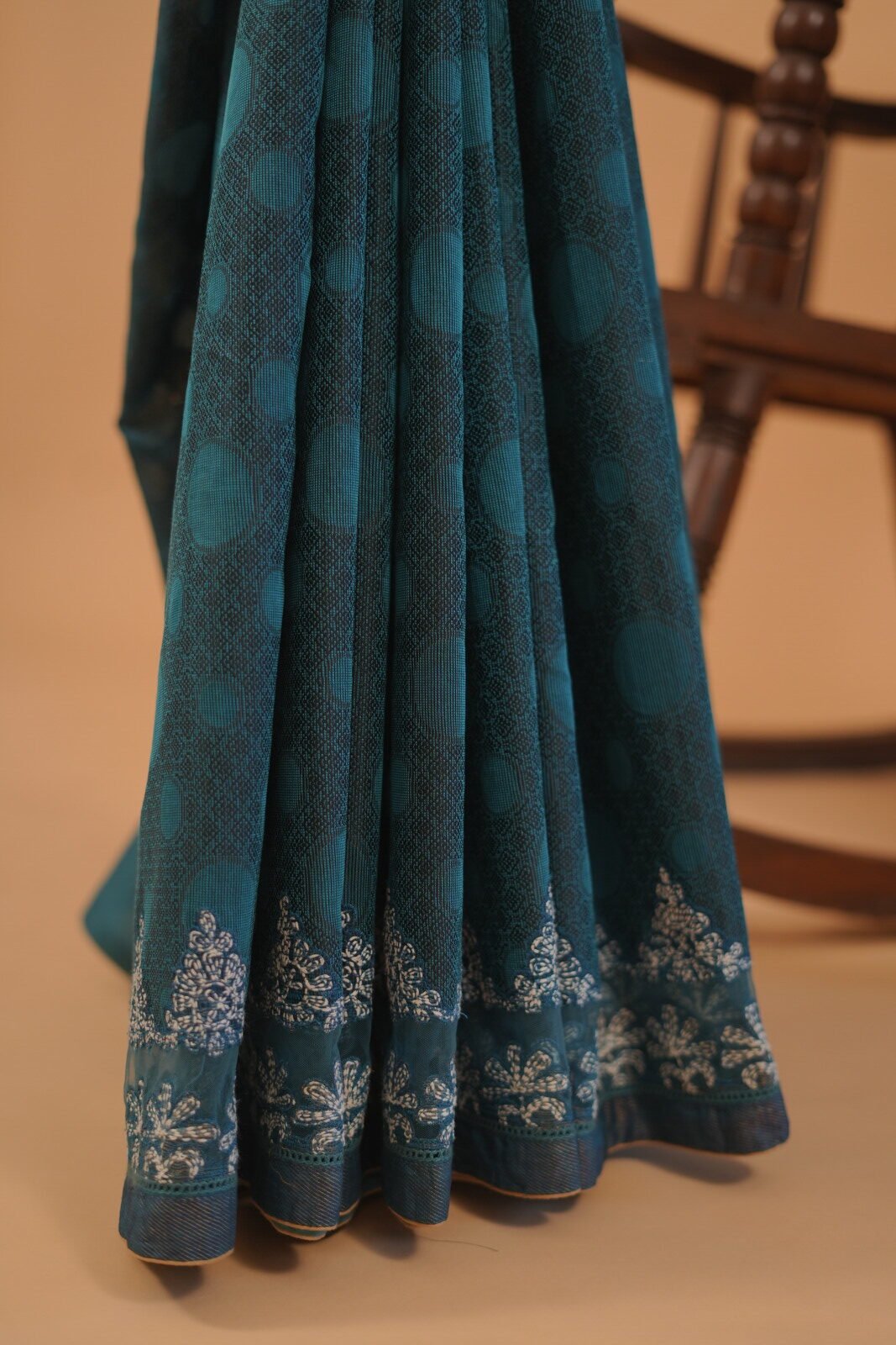 DSC03157 Peacock blue embroidered Saree with blouse attached and lining - Image 1