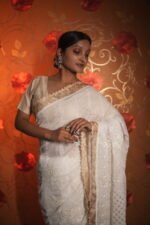 Pongal special zardozi saree with white all over embroidery and golden tissue border - Image 4