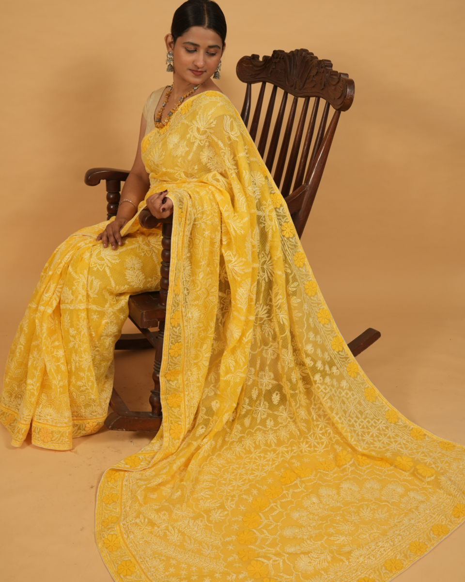 Cover Image Light Yellow Kota embroidered saree with applique work and 1.5 metre Blouse - Image 1
