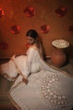 Pongal special zardozi saree with white all over embroidery and golden tissue border - Image 5