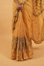 Yellow kota saree with cut work border and java highlighting in contrasting blue threadwork - Image 6
