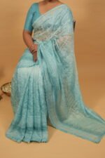 Sky blue Tissue Kota saree with all over handmade chikankari embroidery