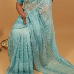 Sky blue Tissue Kota saree with all over handmade chikankari embroidery