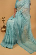 Sky blue Tissue Kota saree with all over handmade chikankari embroidery - Image 2