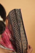 Pink cheque organza saree with black blouse and border - Image 5
