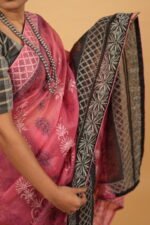 Pink cheque organza saree with black blouse and border - Image 6