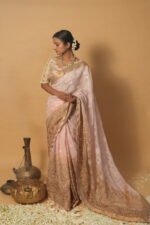 Royal brown border with hombre pink shaded in kota fabric- hand embroidered saree