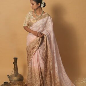 Royal brown border with hombre pink shaded in kota fabric- hand embroidered saree