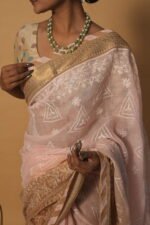 Royal brown border with hombre pink shaded in kota fabric- hand embroidered saree - Image 2
