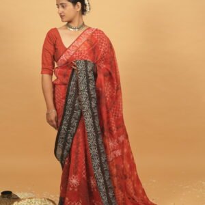 Bright red kota saree with black highlighting on border
