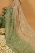 Lime green shaded saree with beige body in kota fabric - Image 2