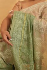 Lime green shaded saree with beige body in kota fabric - Image 4