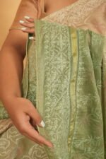 Lime green shaded saree with beige body in kota fabric - Image 5