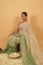 Lime green shaded saree with beige body in kota fabric