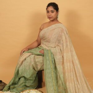 Lime green shaded saree with beige body in kota fabric