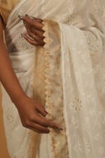 Pongal special zardozi saree with white all over embroidery and golden tissue border - Image 6