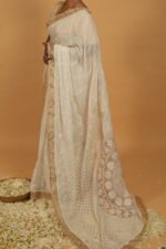 Pongal special zardozi saree with white all over embroidery and golden tissue border