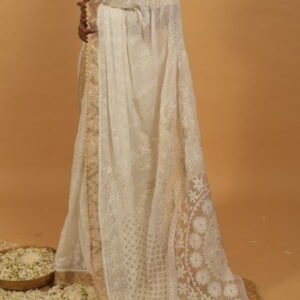 Pongal special zardozi saree with white all over embroidery and golden tissue border