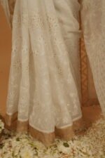 Pongal special zardozi saree with white all over embroidery and golden tissue border - Image 2