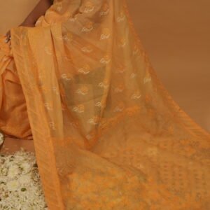 Yellow kota saree with pintucks border and light blue threadwork