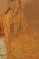 Yellow kota saree with pintucks border and light blue threadwork - Image 2