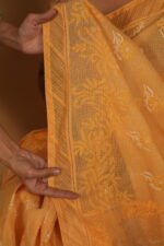 Yellow kota saree with pintucks border and light blue threadwork - Image 3