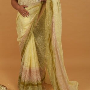 Shaded beige green kota saree with mukaish border