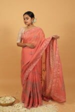 Pink kota saree with gota patti border, cutwork & pintucks highlighting - Image 2